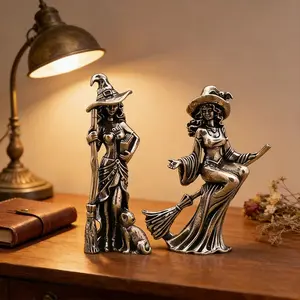 Elegant Witch Figurine Set, Perfect Halloween Gift, Bat Design Hat, Garden & Home Decor, Decorative Figurines, Fine Craftsmanship, 2 Pieces