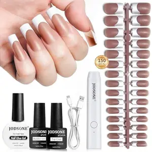 JODSONE 154 PCS Nude Gel Nail Tips Full Cover French Nails for Extension with Nail Lamp Gel Glue Builder Coat Press On Nail Kit for Finger Art and Home DIY Safe Friendly