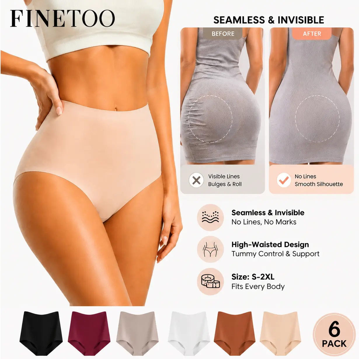 FINETOO 6-pack High-waisted  Basic Comfy Seamless Panties Stretchy Nylon Lingerie Minimalist design all-day wear  underwear   S-2XL   Womenswear