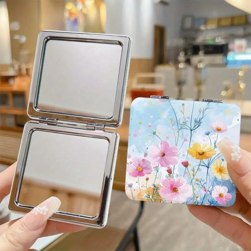 A compact mirror with floral patterns is a portable and foldable square makeup mirror for purse suitable for travel. It is small and lightweight, making it an ideal beauty accessory for women and girls.