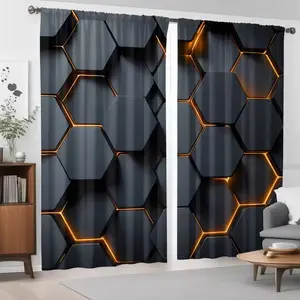 2-Piece Hexagon Print Curtains, Stylish Rod Pocket Window Drapes for Bedroom & Living Room, Comfortable Atmosphere, Easy Installation