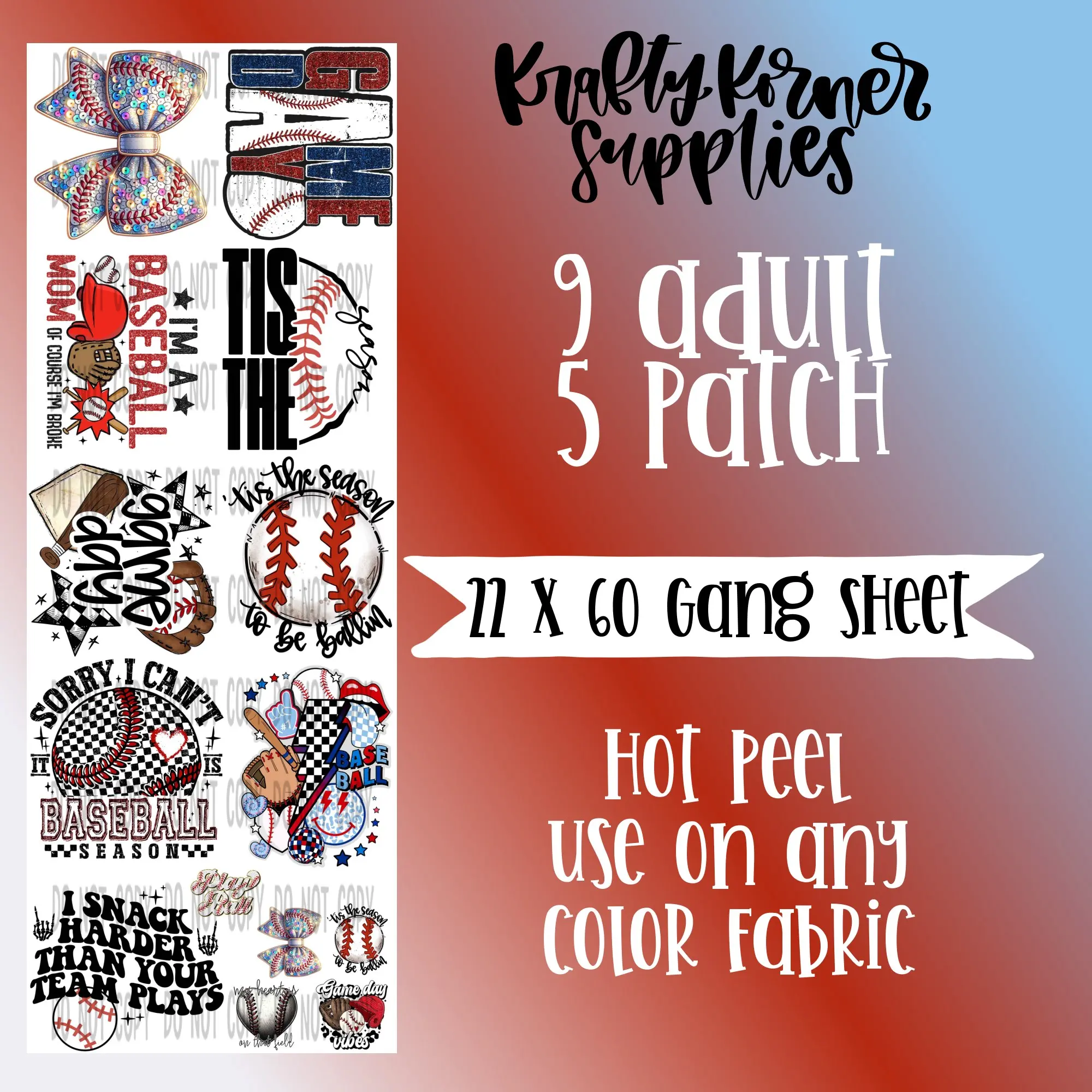 Baseball DTF Transfer Gang Sheet, 22x60in DIY Material, Hot Peel DTF Transfers Craft Supplies, Fabric-Compatible DIY Products for Office Stationery & Supplies Use, Transfer Print