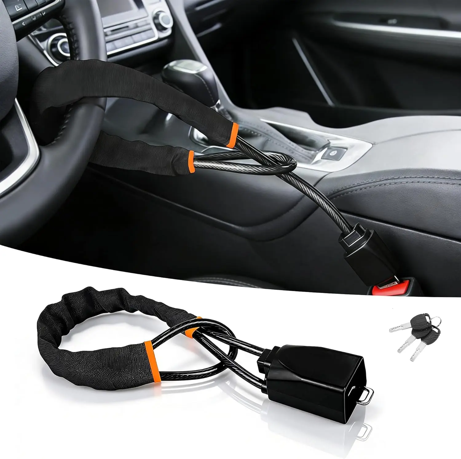 Steering Wheel Lock with 3 Keys, Universal Anti-Theft Car Device for Most Vehicles, Trucks, SUVs, Vans, Dashboard Security Deterrent, Durable Construction, Quick Installation