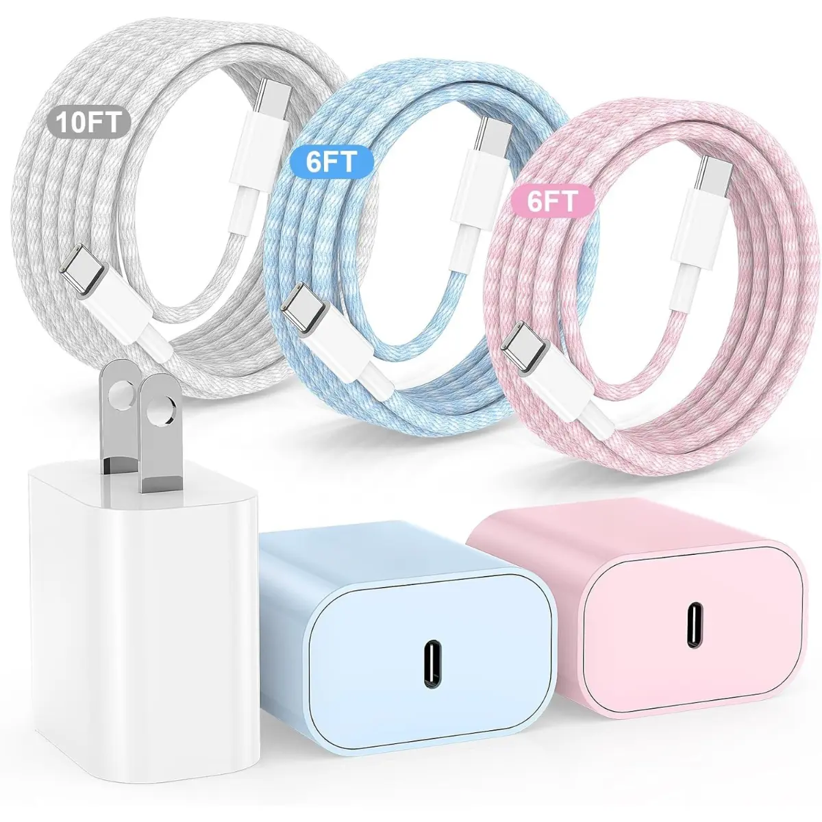 20W USB C Fast Charging for iPhone 17 Air/16/15 Pro Max,3Pack Colorful Mixed Charger Block with Braided Long USB C to C Cables (6/6/10ft) Compatible with iPhone16/15 Pro/15 Plus/iPad Pro