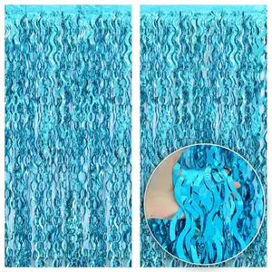 , Xtralarge Wavy Blue Foil Fringe Curtain - Pack of 2 | Blue Streamers for Under The Sea Party Decorations | Foil Fringe Backdrop for Birthday, Cruise Door Decorations, Pool Party Decorations