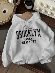 Women's Casual Fashion Loose Fit Hooded Homeewear Top, New York Brooklyn Print, Winter Wear, Perfect for Home or Outdoors
