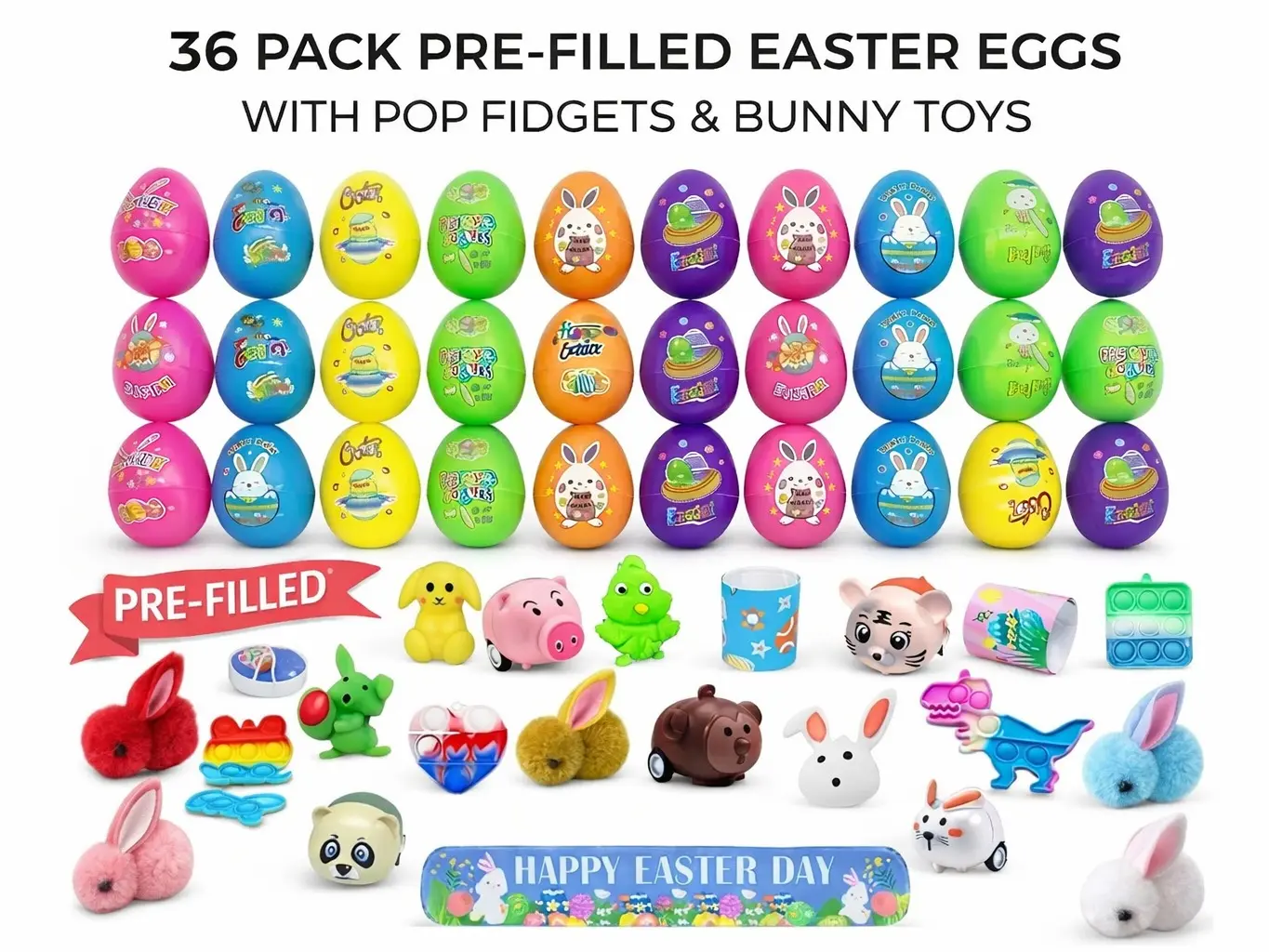 Summer Spring Gift 32 Pack Prefilled Eggs with Fidget Toys, Bright Colorful  Eggs for Kids, Ideal for Baskets and Parties