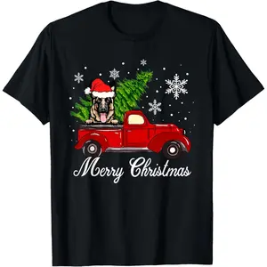 German Shepherd Dog Riding Red Truck Christmas Decorations T-Shirt, 100% Cotton, Single Side Printed, Black Short Sleeve T-shirt, 1 pc, Christmas Halloween Thanksgiving Gift