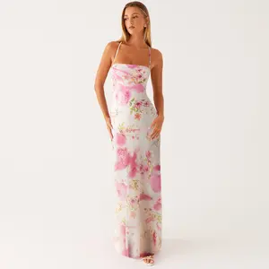 Women Long Dress Floral Print Sleeveless Cami Dress Summer Cross Tie-Up Backless Fashion Spaghetti Strap Dress