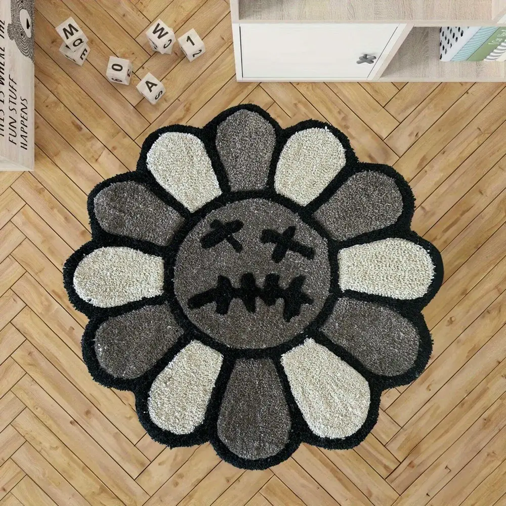 Round Floral Smiley Face Carpet, Gothic Halloween Decor Rug, Fashion Creative Flower Pattern Mat, Bedroom Living Room Decoration Gift