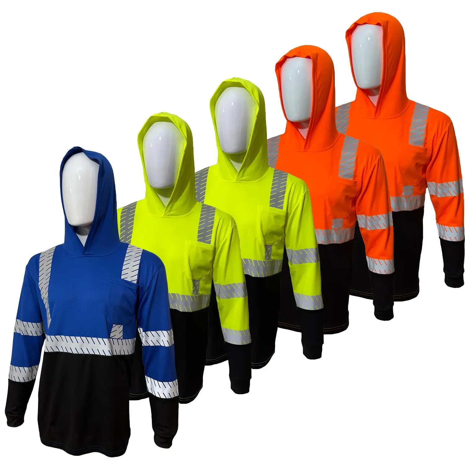 High Visibility Hoodie Long Sleeve Safety Shirt / Reflective Safety shirt with hoodie made with Light-weight birdeye mesh fabric available in various