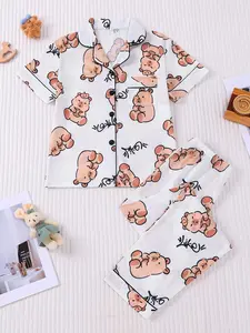 Cartoon Capybara Kapi Bara Children's Flame-retardant Sleepwear 2-piece Set, New Style with a Lap Cardigan Short Sleeve Shirt and Loose Elastic Waist Long Pants Style Set, Loose and Not Tight, Lapel Cardigan Design for Easy Wear Take Off, Casual Set with