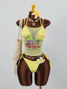 Zestiva 3pcs Set: Summer Vacation Beach Mesh Floral Print & Solid Color Spaghetti Strap Camisole, Spaghetti Strap Bralette, And Side Tie Bikini Bottoms Sexy Women Tankini Set Tropical Bikini Bikini With Charm Y2k Bikini Set Western Bathing Suit Vintage Y