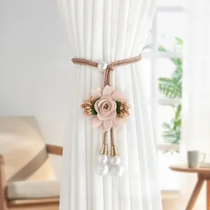 2pcs Rose Flower Curtain Tiebacks with Artificial Pearl Charms, Adjustable Woven Rope Home Decor, Elegant Window Treatments, Window Decorations Supplies