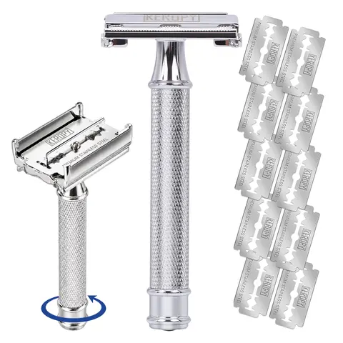 [Keropy] Men's DE Safety Razor - 10-in-1 Reusable Butterfly Metal Set with Premium Stainless Steel Blade Refills, Eco-Friendly Wet Shave Tool for Hair Removal, Beard & Mustache Remover, Double-Blade Razors