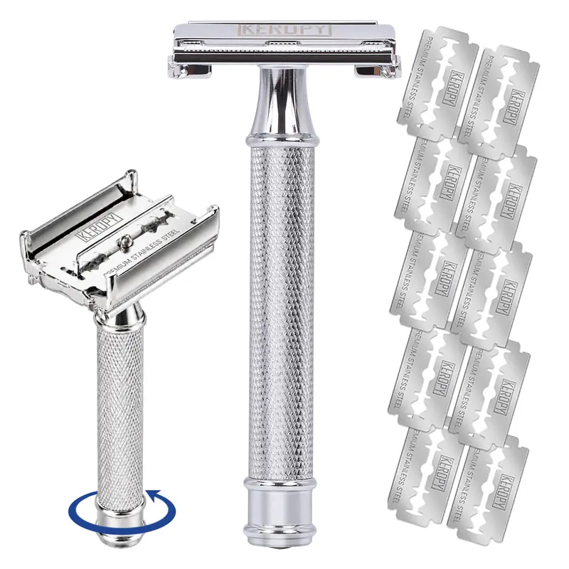 [Keropy] Men's DE Safety Razor - 10-in-1 Reusable Butterfly Metal Set with Premium Stainless Steel Blade Refills, Eco-Friendly Wet Shave Tool for Hair Removal, Beard & Mustache Remover, Double-Blade Razors