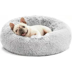 Calming Cat Bed for Indoor Cats, Anti-Anxiety Donut Round Dog Bed, Fluffy Faux Fur Washable Pet Bed for Small Medium Dogs and Cats,Grey,20in