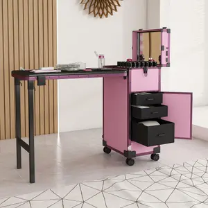 Professional Rolling Travel Portable Nail Art Table with LED Mirror, 3 Lockable Drawers, with Wheels Handle for Mobile Nail Techs & Salon Use,Telescopic Pole Foldable Manicure Station,Pink