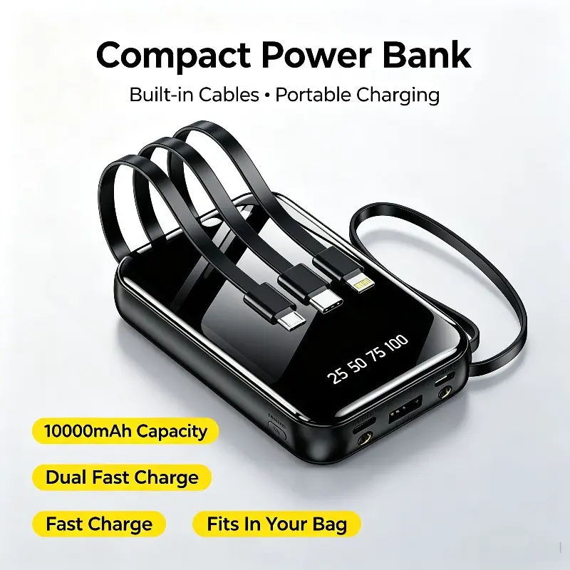 10000mAh Portable Charger with Built-in Cables, Digital Display Battery Pack, Compact Travel Power Bank for Phone, Samsung, USB-C Devices