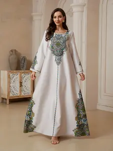 Women's Retro Totem Coconut Flower Print Robe, Dubai Style Kaftan Evening Gown, Eid Al-Fitr Festival Abaya, Traditional Middle Eastern Dress