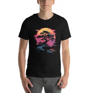 Vaporwave Bonsai Tree Unisex T-Shirt - Nature Lover Cotton Fabric Soft      , Unisex  Casual Crewneck Graphic Shortsleeve  Streetwear Tshirt unisex t-shirt