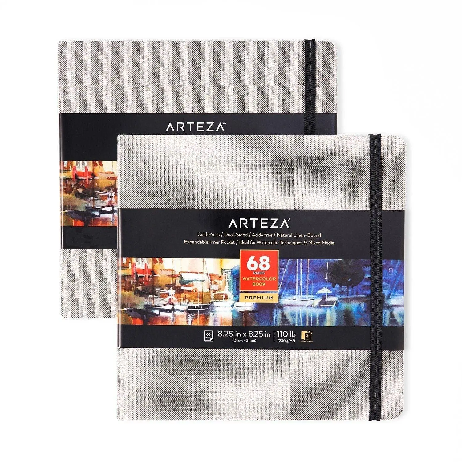 Arteza® Square Size Hardcover Watercolor Sketchbook 2-Pack (8.25"x8.25"), 68 Acid-Free Dual-Sided Paper Pages, Bonus Storage Expandable Pocket - ARTZ-8983 for Home Artists (DIY Painting Supplies)