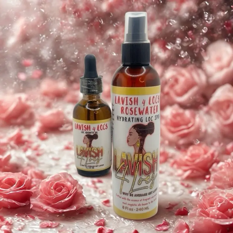 Lavish 4 Locs Hydrating Rosewater Liquid Spray (240 mL/8 oz) - All-Natural Oils & Rose Water Fragrance, Hydrating Moisturizer Haircare for Scalp & Locs Nourishing Treatment, Curly Locks, Wavy, Vegan, Hair Oiling Routine, Straight, Unisex, Moisturizing, Te