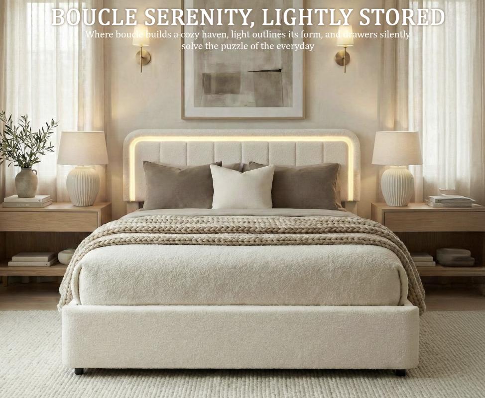 Cloud Bed Frame with LED Light, Boucle Upholstered Bed | Beige, 4 Storage Drawers, Soft Curved Corners, No Box Spring Needed, Easy Assembly, Adjustable Headboard Cloud Bed Frame with LED Light, Boucle Upholstered Bed | Beige, 4 Storage Drawers, Soft Curved Corners, No Box Spring Needed, Easy Assembly, Adjustable Headboard