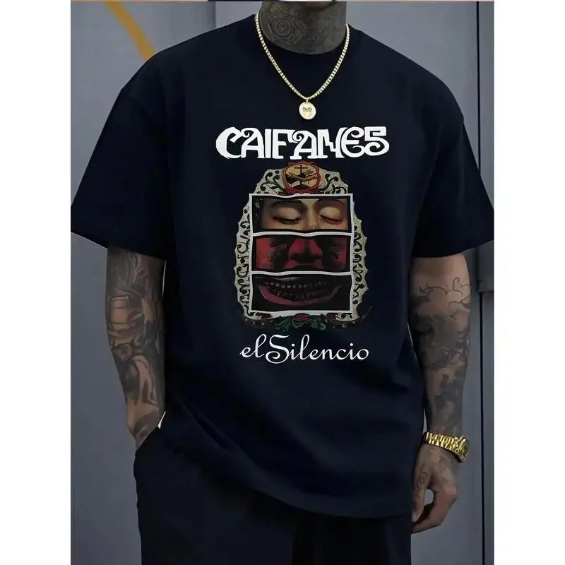 1pc Size-Plus Men's Round Neck Short Sleeve Tshirt - Caifanes El Silencio Graphic Digital Print, Rock Band Music Theme, Rock Fan Statement, Casual Streetwear Summer Top - Soft Menswear Garment for Jeans, Size Up for Loose Fit