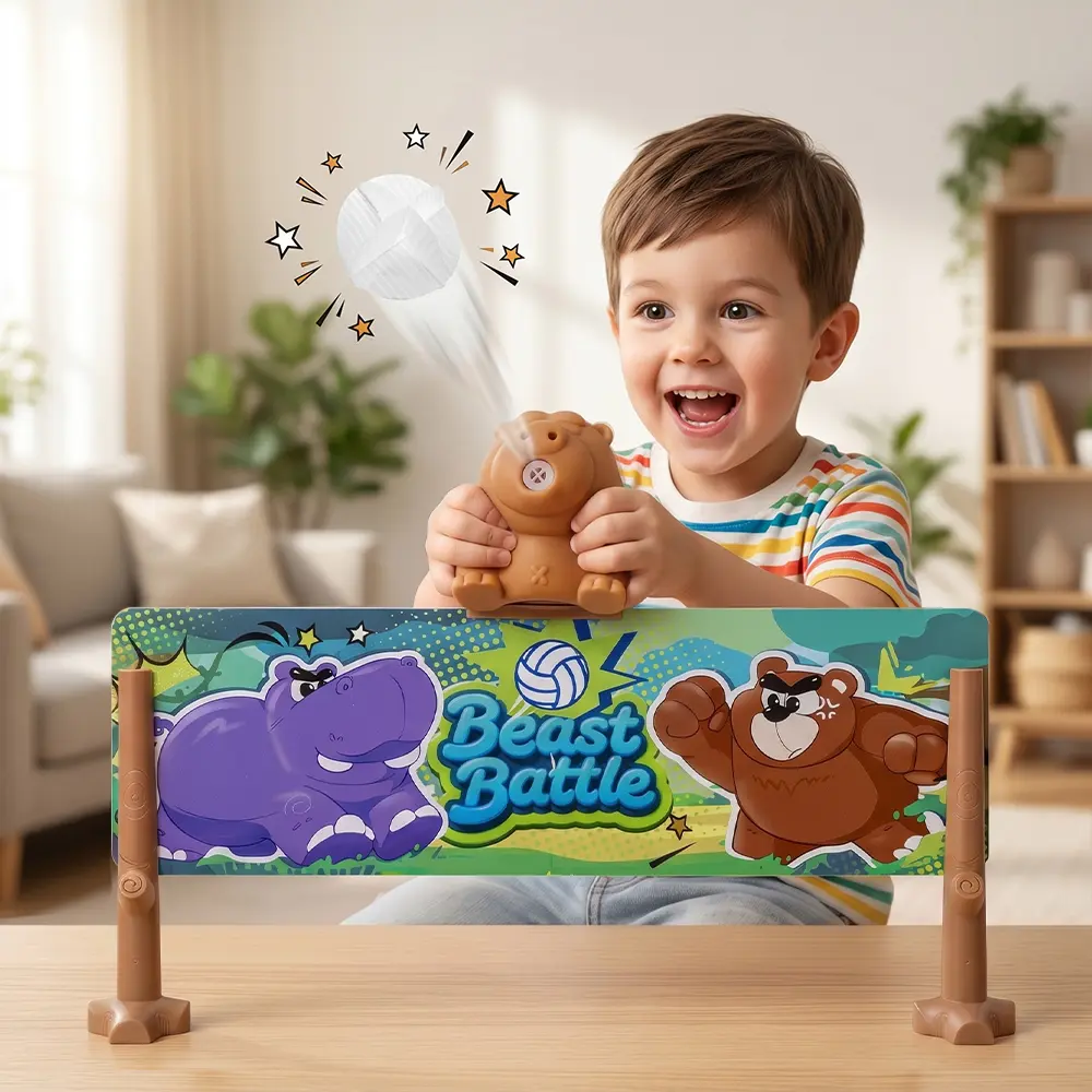 Tabletop Game for Kids, 2 Player Squeeze Action Animal Board Game with Net & Ball, Interactive Family Party Game, Hand-Eye Coordination Toy Gift for Boys Girls