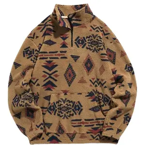 Men’s Ethnic Stand-Collar Fleece-Lined Jacket with Half-Zip Closure — Warm Winter Skiing/Snowboarding Outdoor Activity Coat, Hand Wash Only, Long Sleeve, Coffee