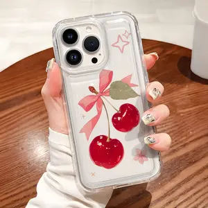 Cherry Bow Pattern Soft TPU Flexible Full-Body Airbag Shockproof Protection Phone Case , Clear Cover For iPhone 16 15 14 13 12 11 Pro Max Plus XSMAX