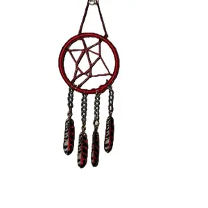 Mini Dreamcatcher - Red Circular Design with Chain Tassels and Web Pattern