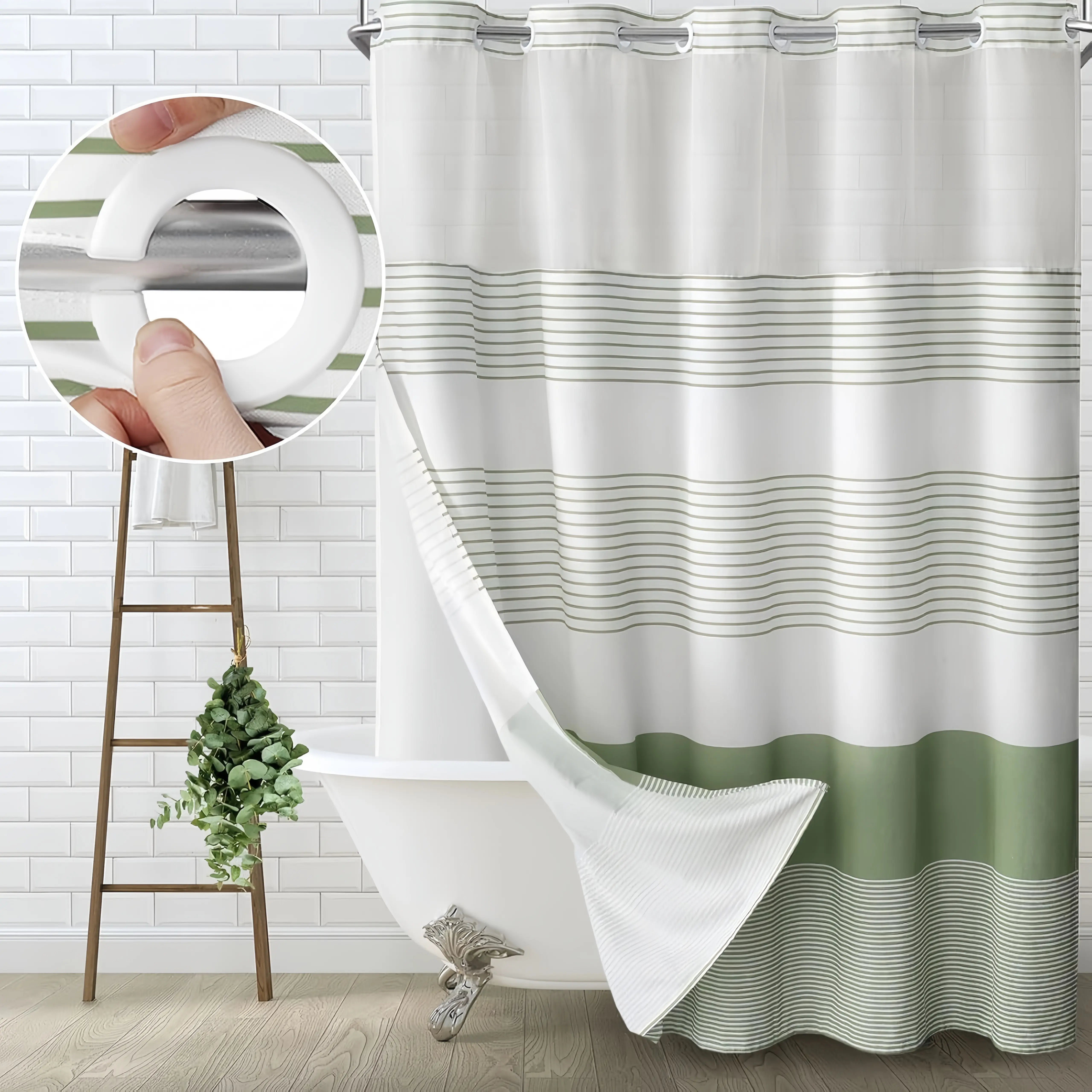 Green Striped Geometric Double-Layer No Hook Shower Curtain, Mesh Top Window, Hook-Free Design, Easy Installation, Farmhouse, Hotel, Modern Home Decoration, 72x75in