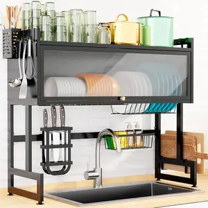 Over The Sink Dish Drying Rack, 3 Tier Over The Sink Dish Drainer Drying Rack with Cover for for Dishes, Glasses, Bowls and Cutlery, Dish Drainers Organizer for Kitchen Counter Storage