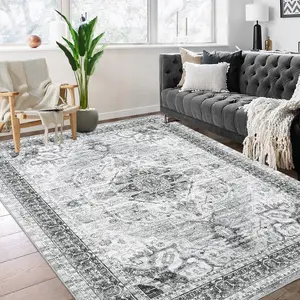 GARVEE 9x12 Large Ultra-Thin Washable Area Rug for Living Room, Non-Slip Lightweight Foldable Vintage Grey Rug, Stain Resistant and Durable Floor Covering