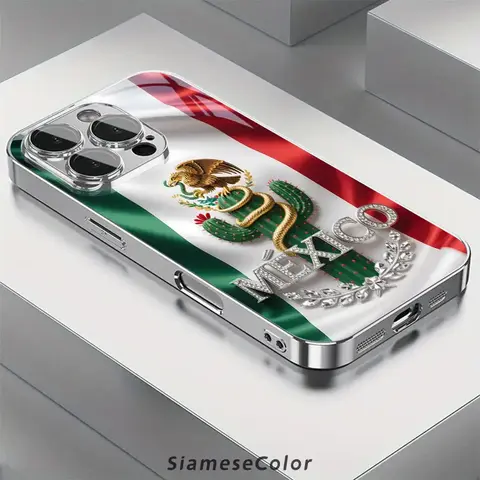 2D Pattern Mexican Flag Diamond Badge Glass Phone Case - Sparkling Diamond Accents, Protective Hard Back Cover for iPhone 17/16/15/14/13/12/11 Plus, Stylish Smartphone casing & accessories, fits iPhone models