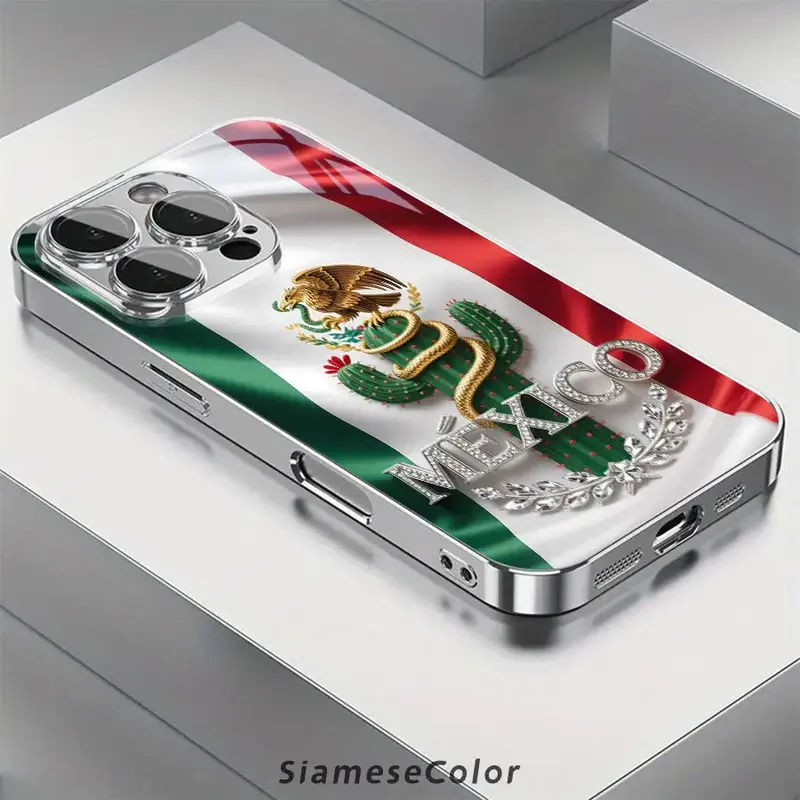 2D Pattern Mexican Flag Diamond Badge Glass Phone Case - Sparkling Diamond Accents, Protective Hard Back Cover for iPhone 17/16/15/14/13/12/11 Plus, Stylish Smartphone casing & accessories, fits iPhone models
