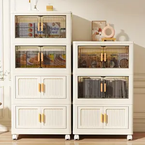 19.69inch Wide 3-4Layer Folding Storage Box with Wheels Polypropylene Magnetic Double Doors Easy Install Multi-Purpose Organizer for Living Room Bedroom