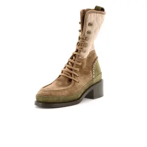 Pre-owned Chanel CC Chain Combat Boots Suede with Quilted Canvas and Corduroy by Rebag