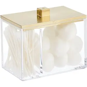 Modern Square Bathroom  Countertop Storage Organizer Canister Jar for  Swabs, Rounds, Balls, Makeup Sponges, Bath Salts - 2 Divided Sections - Clear/Soft Brass