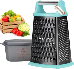 Stainless Steel Box Grater with Handle - Versatile 4-Sided Vegetable Shredder and Slicer with Container for Cheese, Cabbage, Ginger, Lemon, Chocolate, and Coconut (Teal Black)