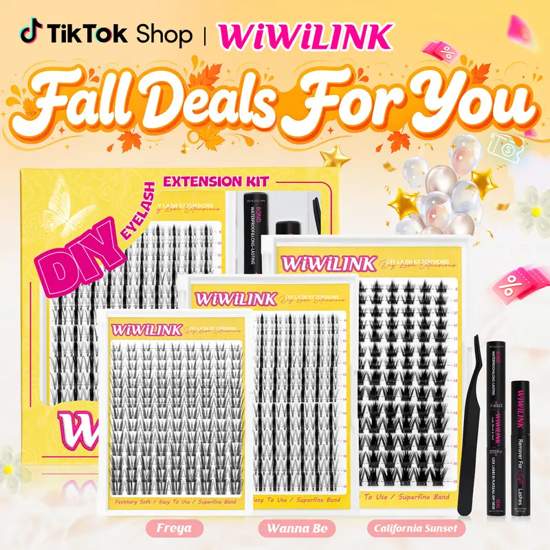 WiWiLINK Sunset Wanna Be Freya Manga Anime Cluster False Eyelash Kit for Adults, 8-18mm C/D Curl DIY Eyelashes Extensions with Bond, Seal, Remover - Ultra-Thin Transparent Bands, Natural Cosmetic Makeup