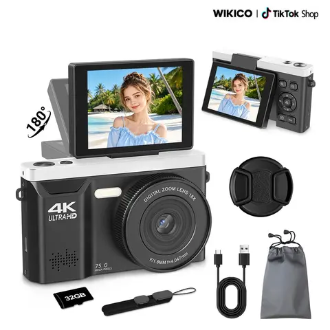 WIKICO 4K HD Digital Camera for Vlogging - 75MP Point & Shoot with 18X Digital Zoom, 2.8-Inch 180° Flip LCD Display, LED Light, Manual, MP4 File Support, 32GB Micro SD Card, USB Cable, Portable Beginner Travel High Definition Camera