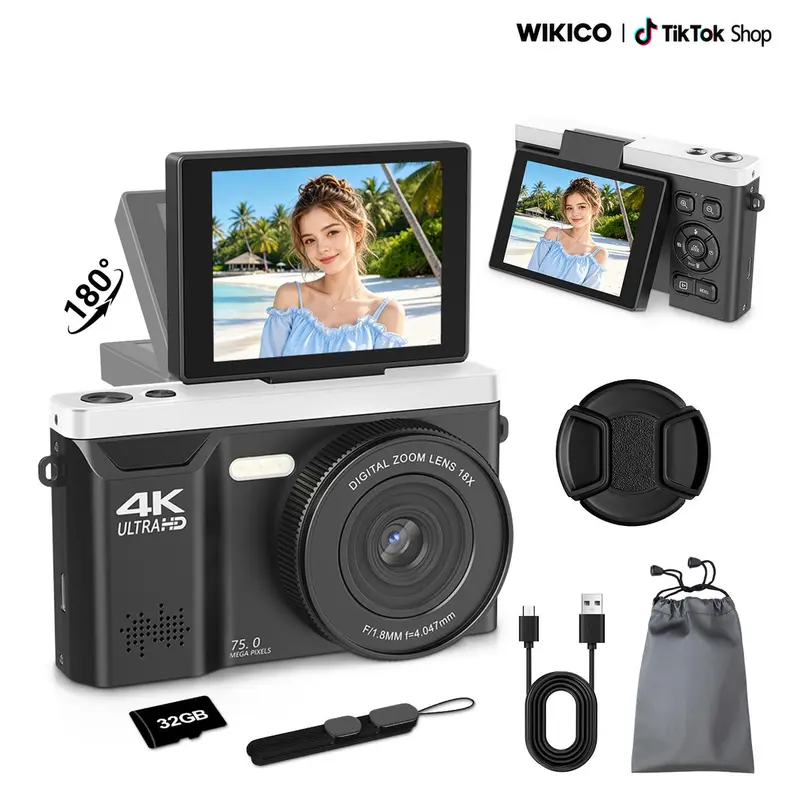 WIKICO 4K HD Digital Camera for Vlogging - 75MP Point & Shoot with 18X Digital Zoom, 2.8-Inch 180° Flip LCD Display, LED Light, Manual, MP4 File Support, 32GB Micro SD Card, USB Cable, Portable Beginner Travel High Definition Camera