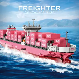 1446PCS Pink Freighter Creative Building Blocks Sets DIY Assembly Cargo Ship Model Toys Bricks Container Ship Ornaments Ideal Gifts For Birthday Christmas Halloween