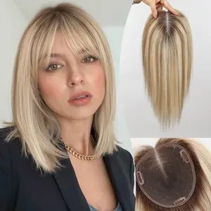 starluck Hair Toppers for Women Real Human Hair with Thinning 6x5" SilkHug & Swiss Base 14 Inch with Bangs Blonde Mixed Brown T4/6/613#