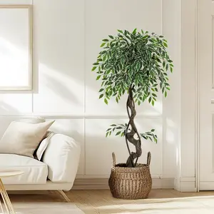 4ft Artificial Ficus Tree with White Pot, 768 Dense Leaves & Pebbles Included, Low Maintenance Fake Plant for Home Office Living Room Corner Decor – Easy Assembly