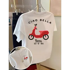 Ciao Bella Rome Vespa Scooter Graphic T-Shirt, Italian Travel Cotton Oversized Comfort Outfit, Cute Retro Italy Fashion Tee, Casual Crew Neck White Short Sleeve Top, Perfect Valentine’s Day & Holiday Gift For Italy Lovers