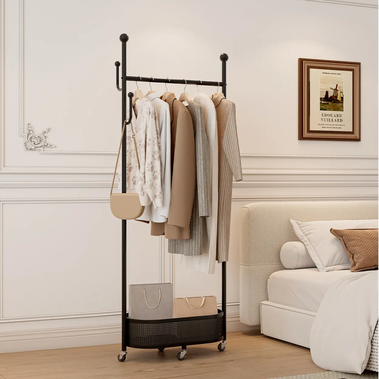 Wrought Iron Coat Rack with Grid Storage Rack and Sturdy Metal Frame, Rolling Hanger for Hanging Clothes, Coats, Skirts, Suitable for Bedroom, Living